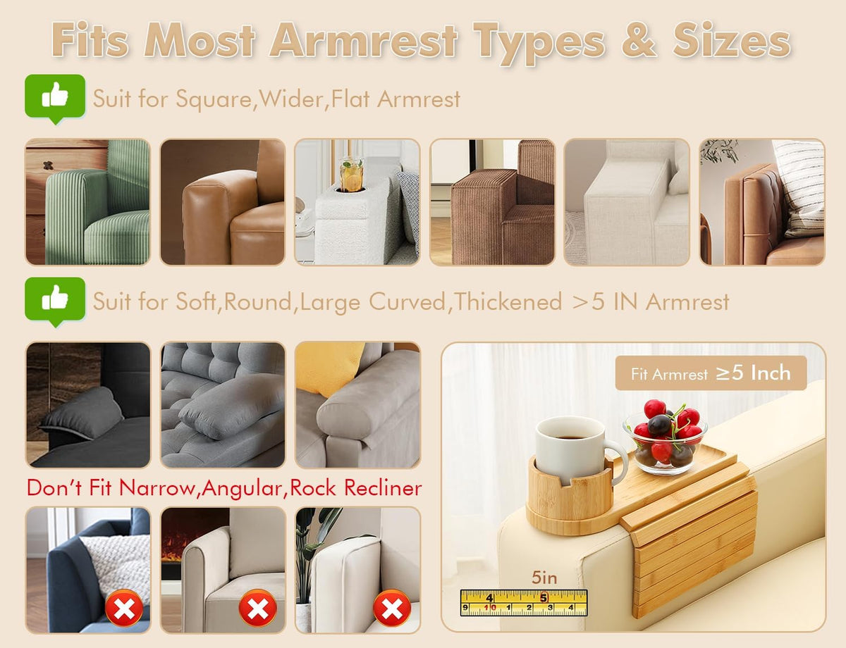 2 Packs Couch Armrest Table,Bamboo Folding Anti Slip Sofa Storage