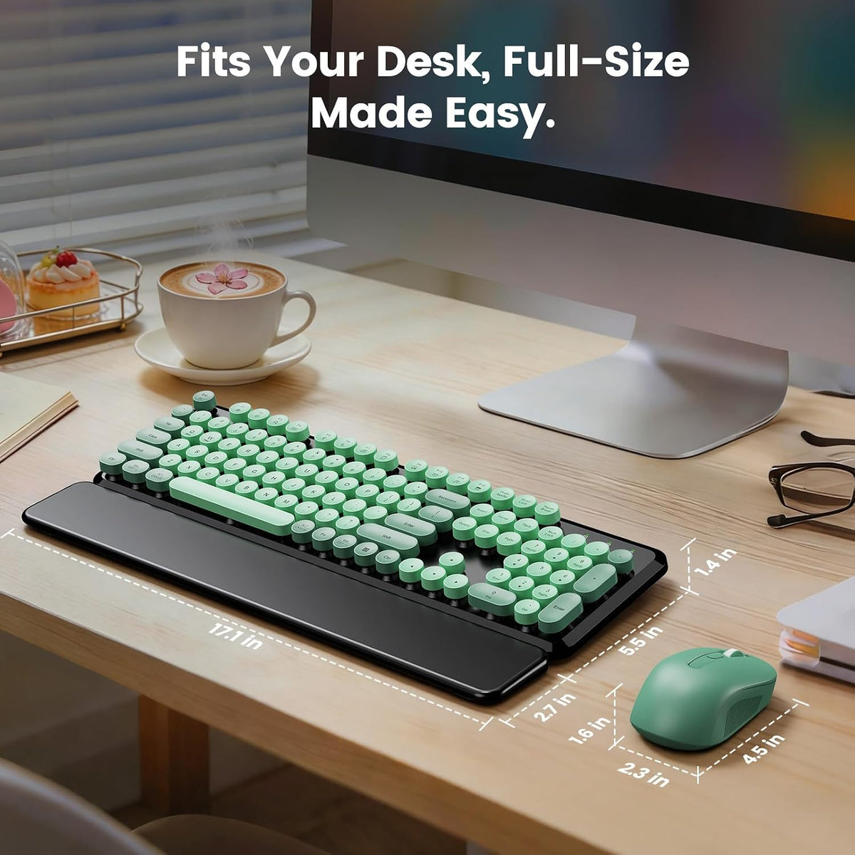 Wireless Keyboard Mouse, Magnetic Wrist Rest, Round Keycaps, Green & Black
