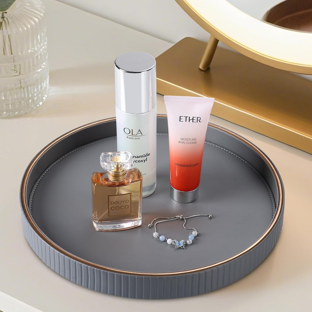 KINGFOM Round Decorative Tray, PU Leather Vanity Tray Organizer with Gold Tri...