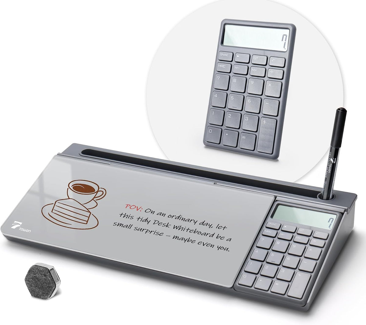 TOWON Glass Desk Whiteboard with Calculator 18x6 in, Desk Organizer, Gray