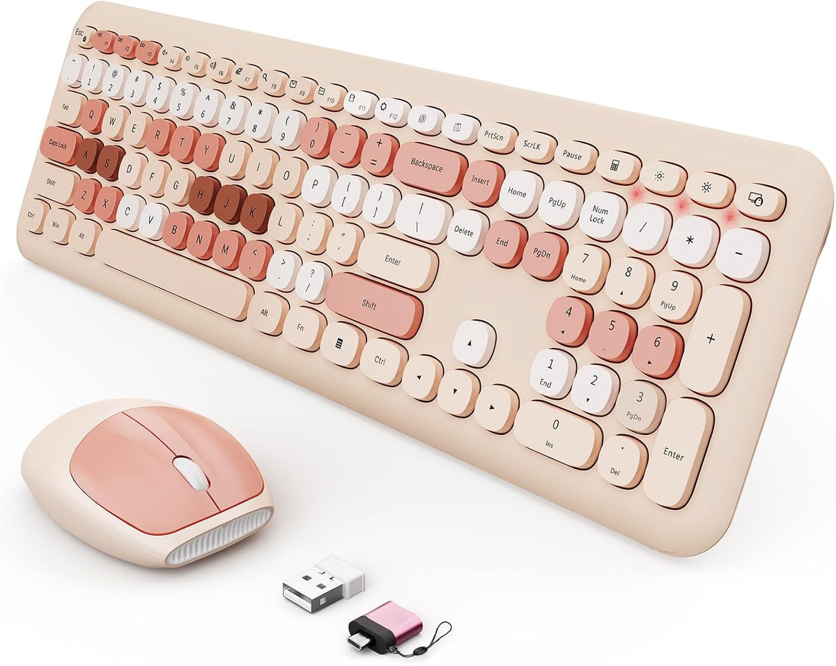 SkyGive Wireless Keyboard and Mouse Combo, Colorful Ergonomic Full Size Retro...