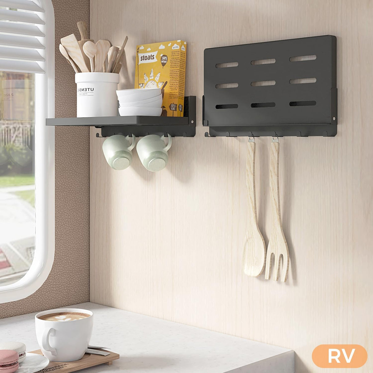 Small Folding Metal Shelf with Hooks, RV Fold-Down Wall Shelf, 6 Hooks, Drop ...