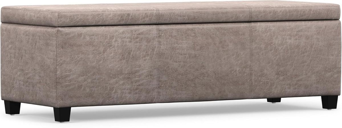 SIMPLIHOME Avalon 48" Wide Vegan Leather Storage Ottoman in Grey