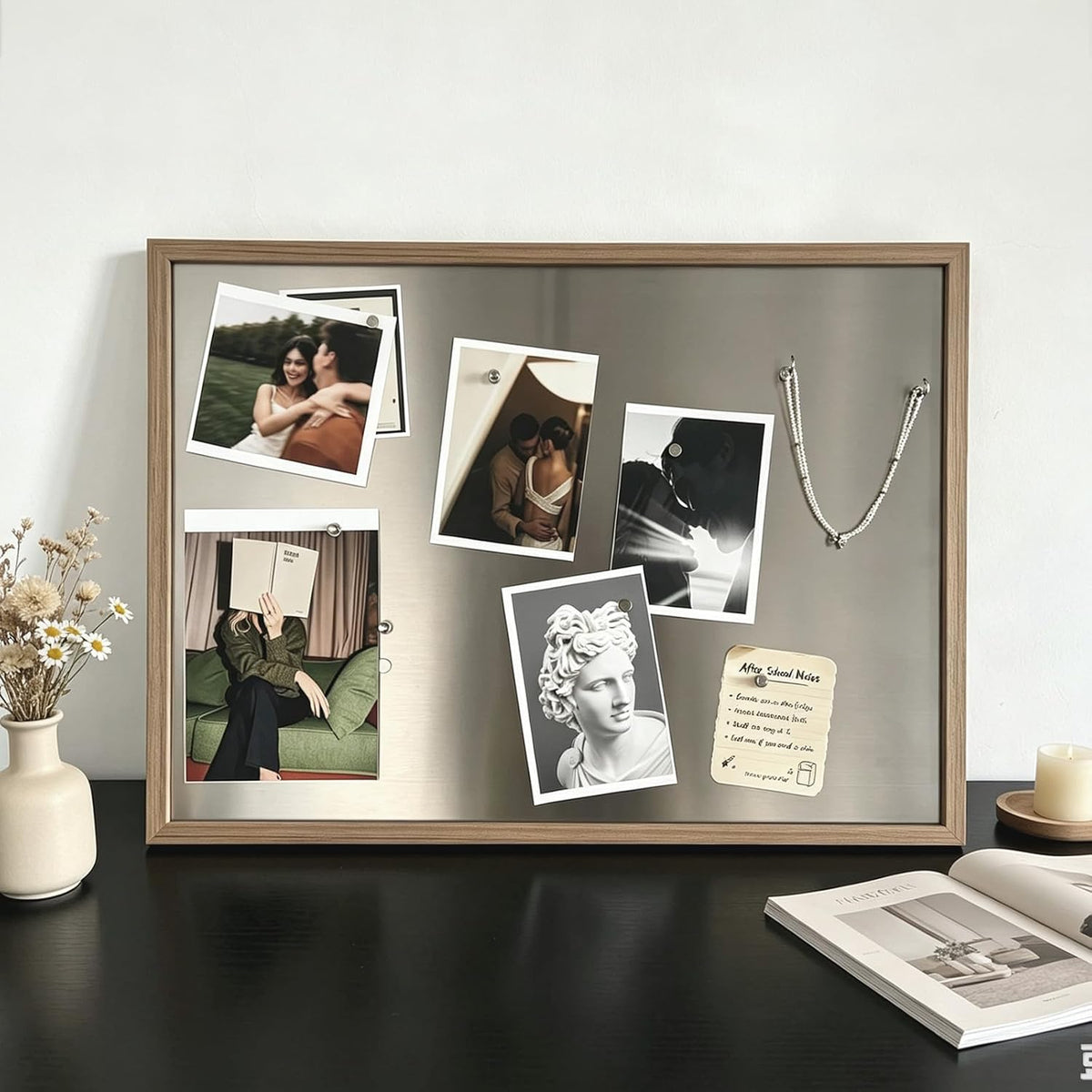 Wood Frame Stainless Steel Magnetic Bulletin Board for Wall
