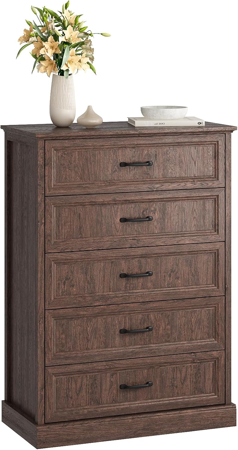 CARPETNAL Farmhouse 5 Drawer Dresser for Bedroom, 44" Tall Brown Dresser.