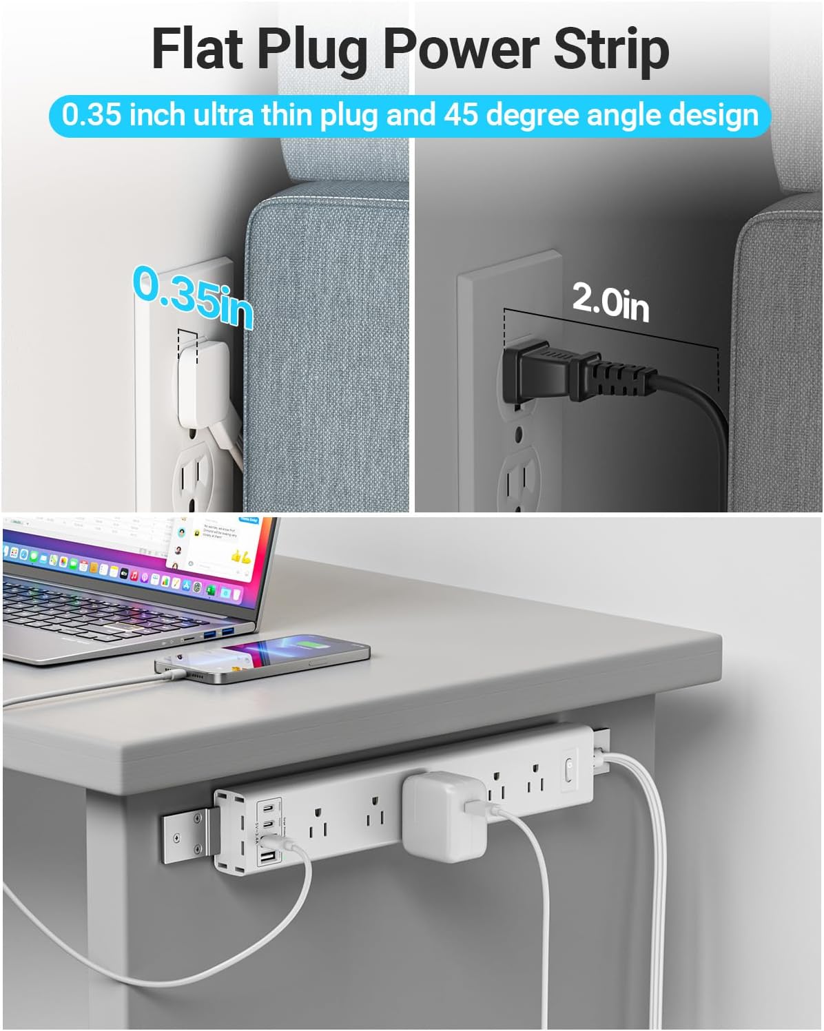 360° Mountable Surge Protector Power Strip with 4 USB Ports (2 USB C), 6 FT E...