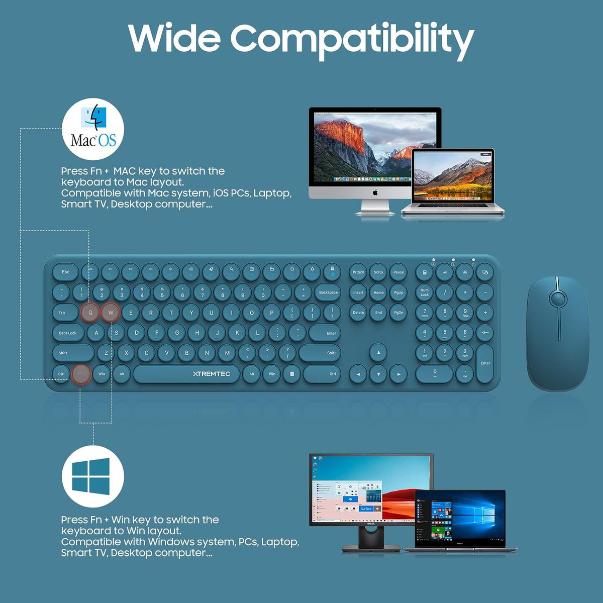 Wireless Keyboard and Mouse Combo, XTREMTEC 2.4GHz Full Size Ultra Slim Blue ...