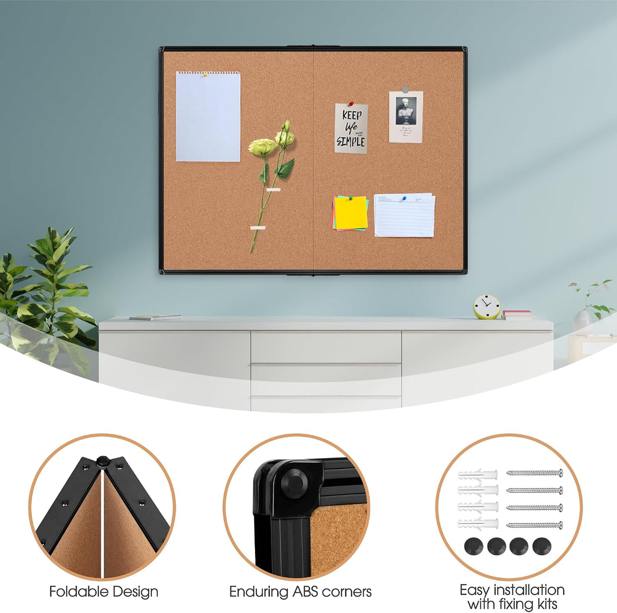 Cork Board Bulletin Board 36 x 48, Foldable Notice Pin Board for Wall, Black ...