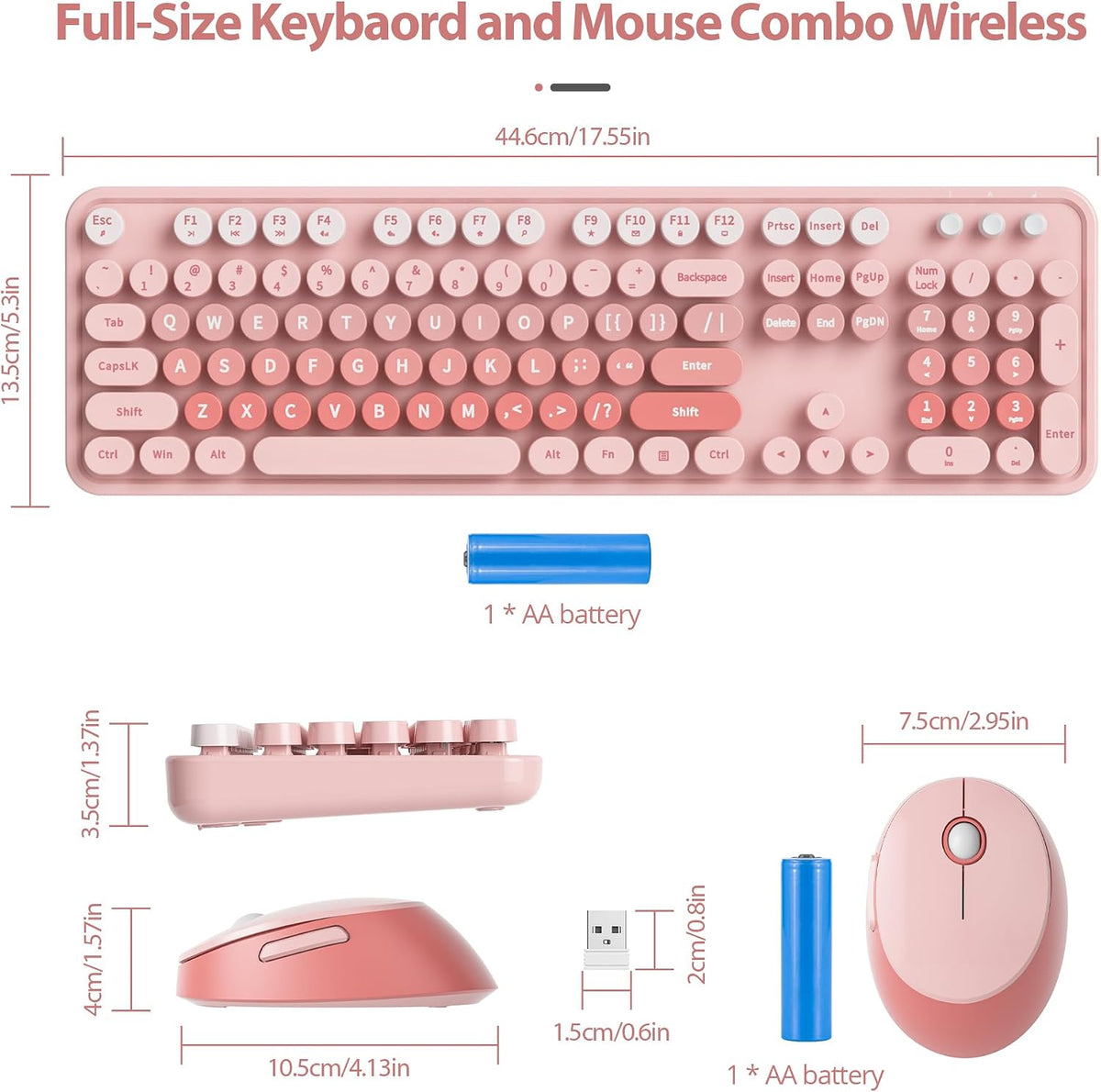 Fogruaden Pink Retro Typewriter Keyboard and Mouse Wireless, 2.4GHz Office Fu...