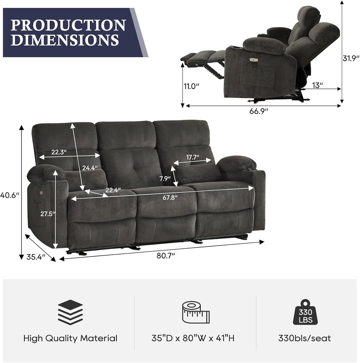 80'' Power Reclining Sofa with Heat and Massage, Electric Reclining C...