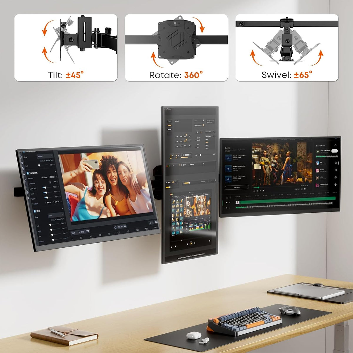 Triple Monitor Wall-Mount for 17"-27" Screens, Full Ergonomic Adjus...