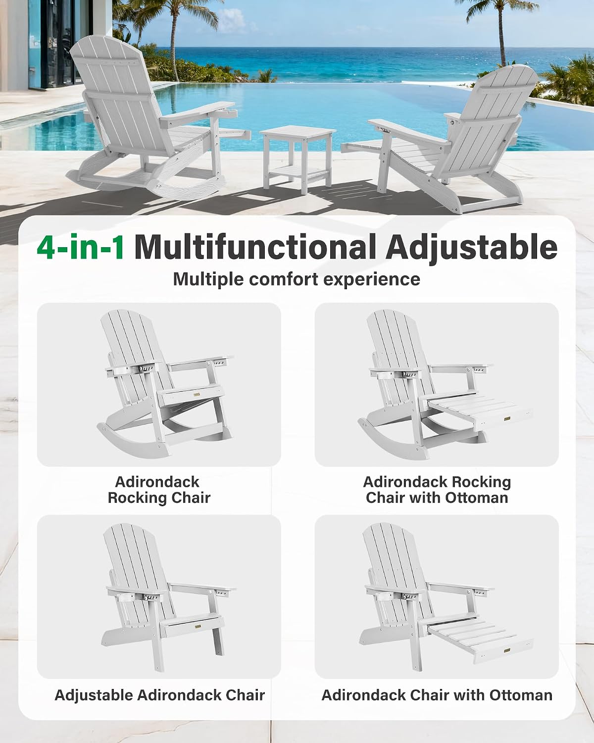 YEFU Adirondack Rocking Chairs, with Footrest, 5-Level Adjustable Backrest
