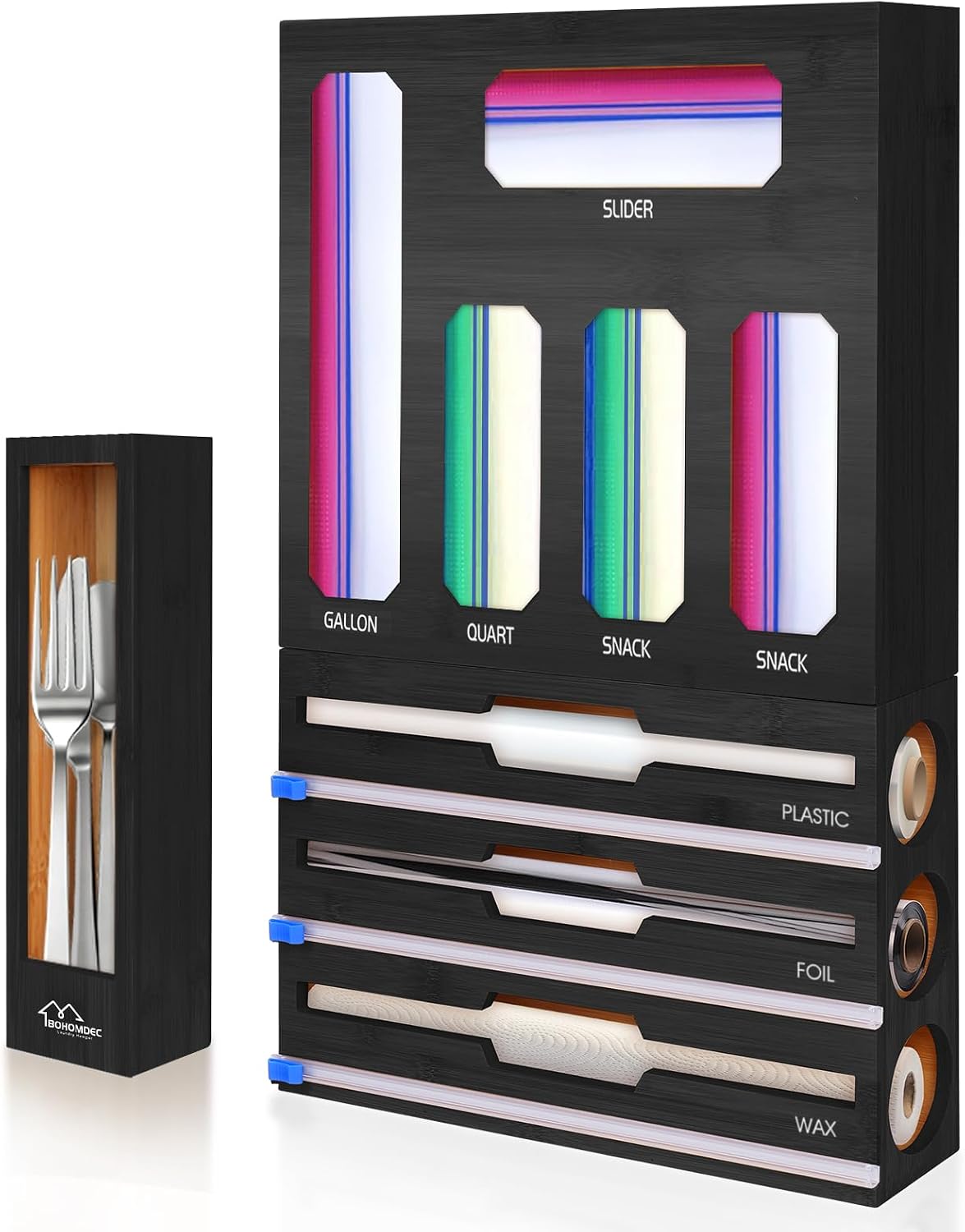 9 in 1 Foil and Plastic Wrap Dispenser with Cutter, Black Bamboo Ziplock Bag ...