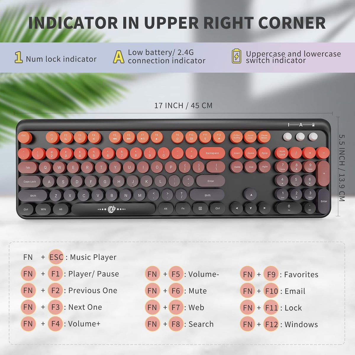 Orange Keyboard and Mouse Wireless,Retro Round Keys,for PC Laptop