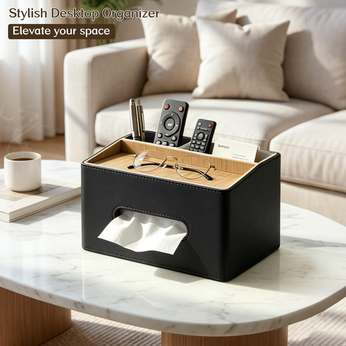 PU Leather Tissue Box Holder Rectangle,Facial Tissue Cover with Tray on Top