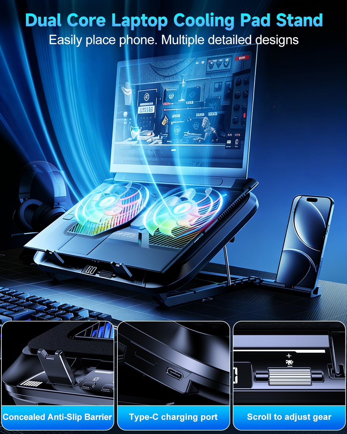 Laptop Cooling Pad with Dual Core Cooler, Gaming Laptop Cooler with 5.5in 2 P...