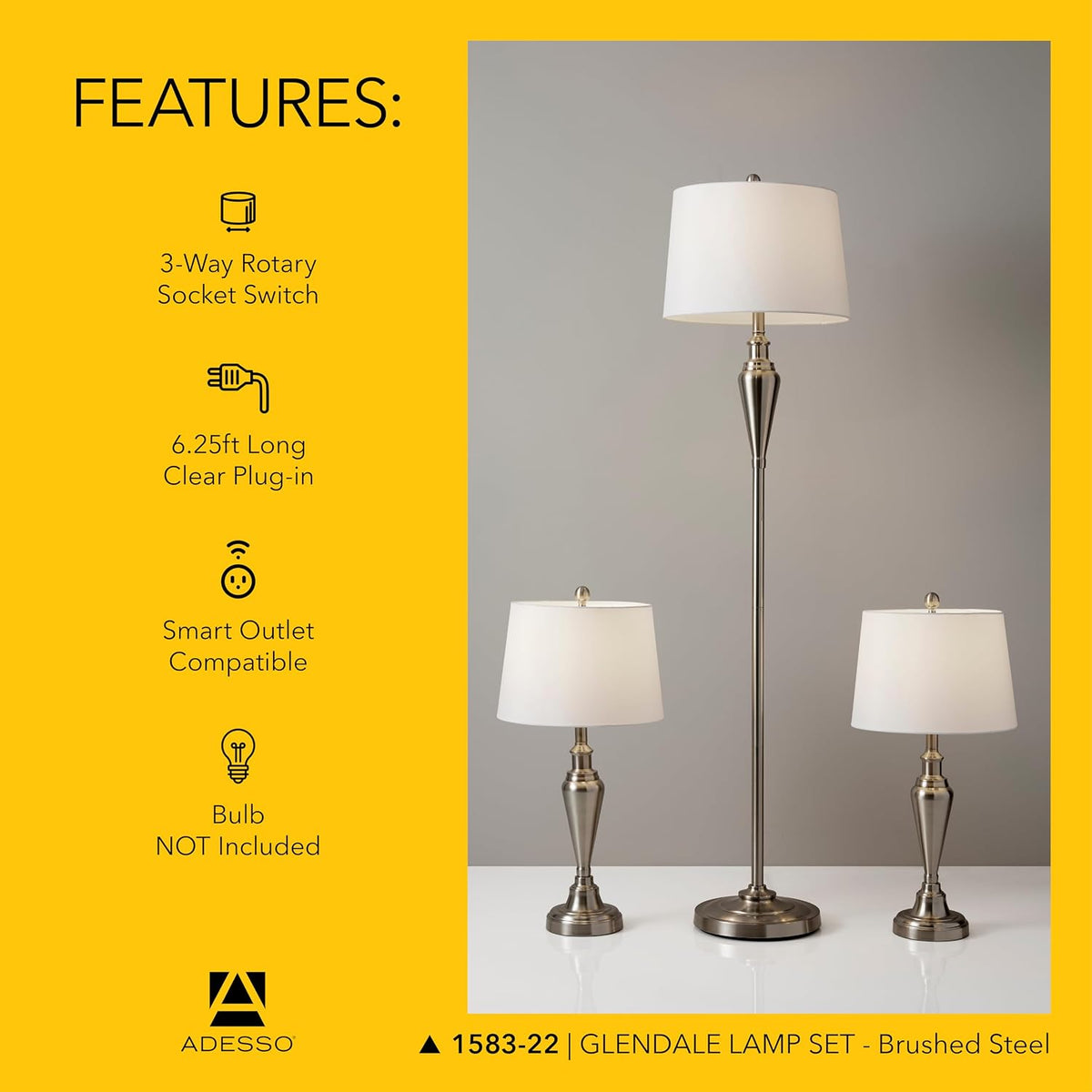 Adesso 3-Piece Lamp Set, Antique Brass & White, Table and Floor