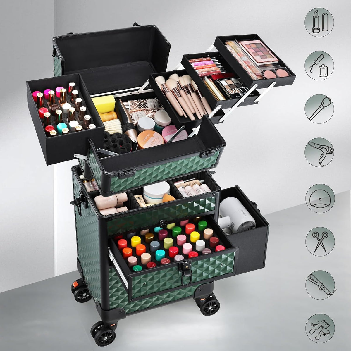 Joligrace Rolling Makeup Case with Drawers - Tattoo Storage Organizer Travel ...