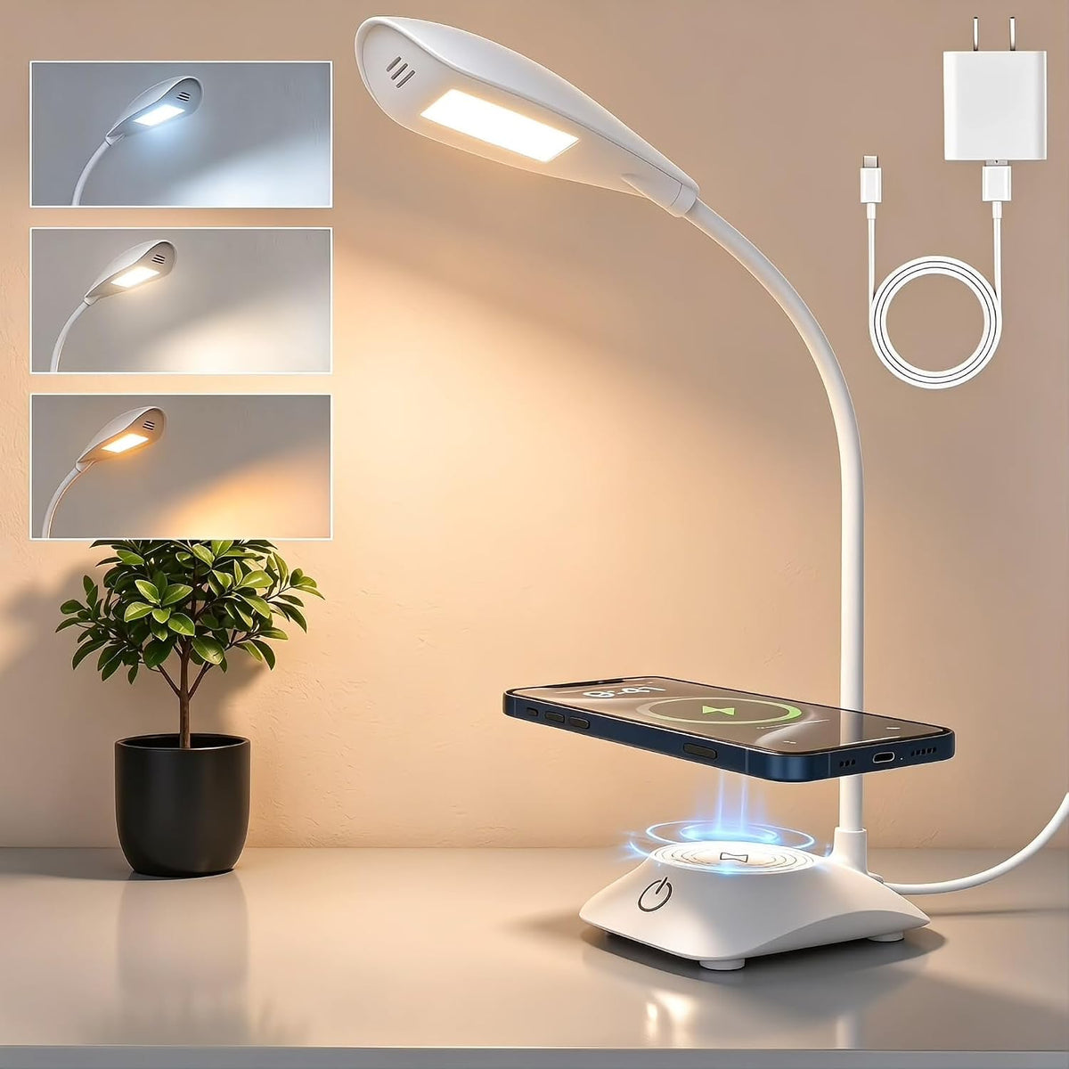 LED Desk Lamp with 15W Magnetic Wireless Charger, Stepless Dimming