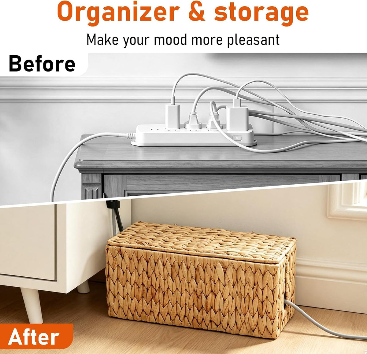 Cable Management Box, Small Cord Organizer Box for Power Strip | Handwoven Wa...