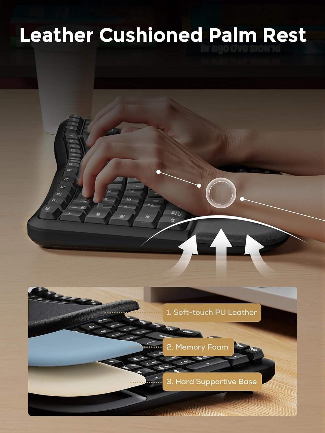 DAREU Wireless Ergonomic Keyboard,Ergo Keyboard with Cushioned Wrist & Pa...