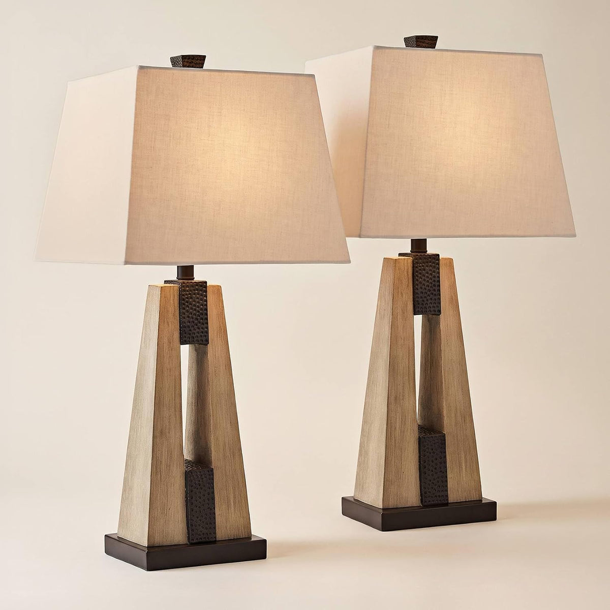 Mitchell 27" Tall Table Lamp USB Set of 2 Column Farmhouse Rustic Oatmeal