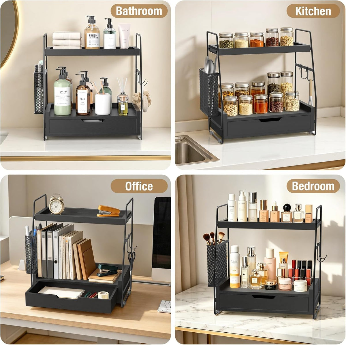 2-Tier Bathroom Counter Organizer with Drawer, Wood Counter Storage Shelf