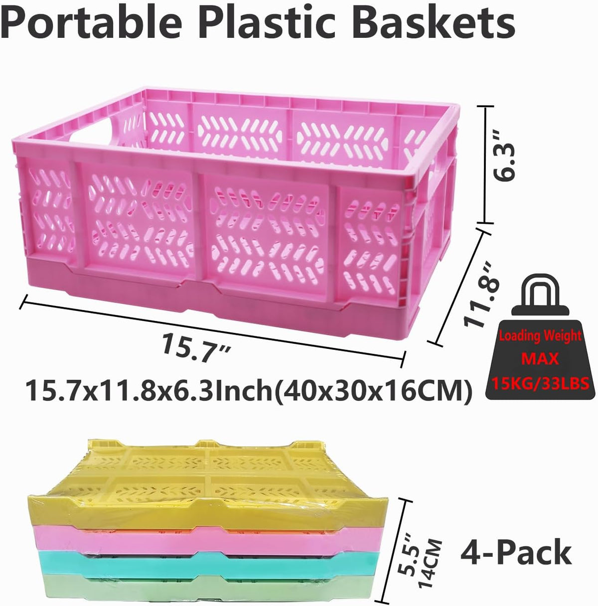 20L Folding Crate, 4Pack Plastic Storage Baskets Organizer for Home and Offic...