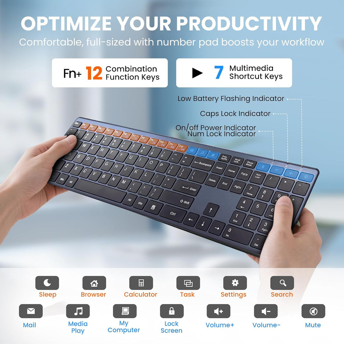 Wireless Keyboard-2.4G USB-A/Type-C Ultra Slim Quiet Full Size PC Computer Ke...