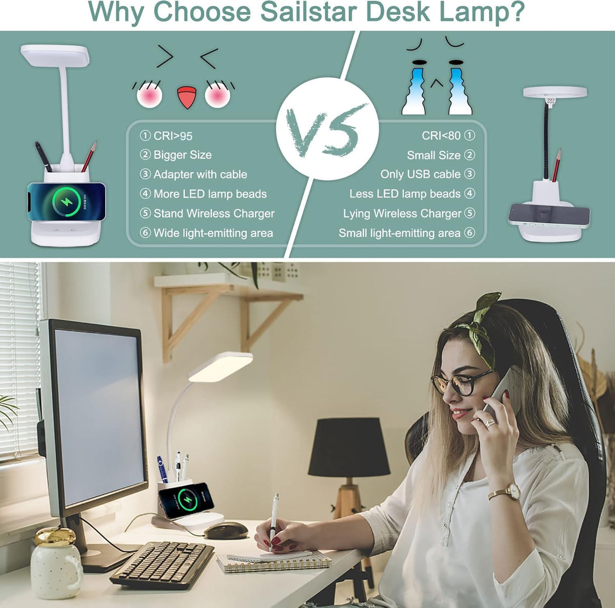 LED Desk Lamp with 10W Wireless Charging & Pen Holder, Snow White