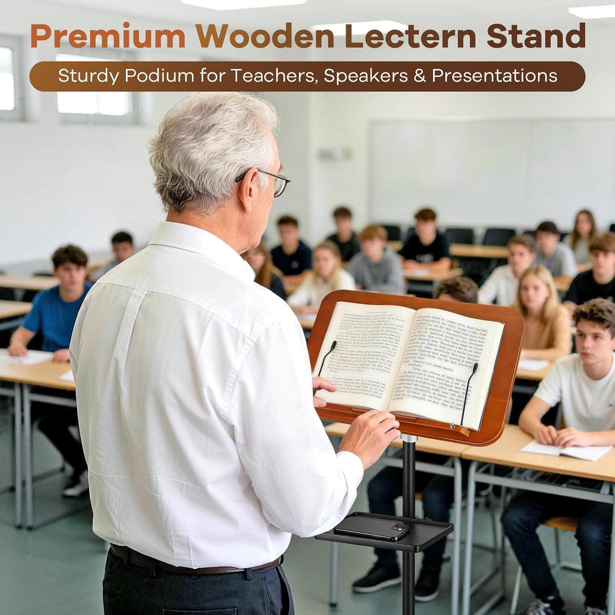 Lectern Podium Stand, Adjustable Height Wooden Podium Lectern with Tray