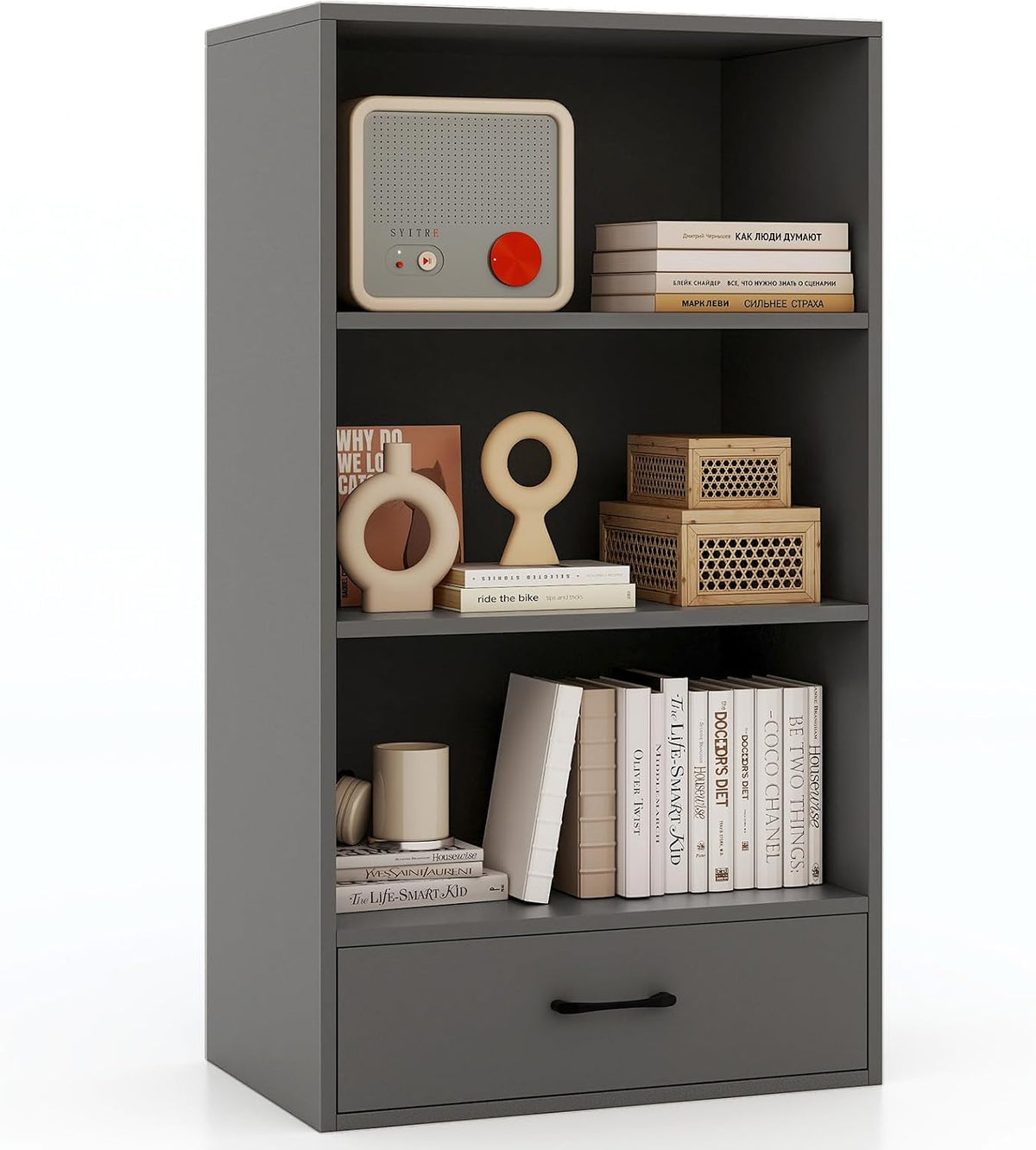 Tangkula 3 Tier Bookcase with Drawer, 42.5”Tall Freestanding Bookshelf with 3...