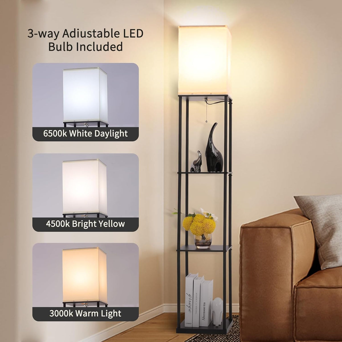 Gupuzm Floor Lamp with Shelves, Modern Square Standing Lamp with 3 Color Temp...