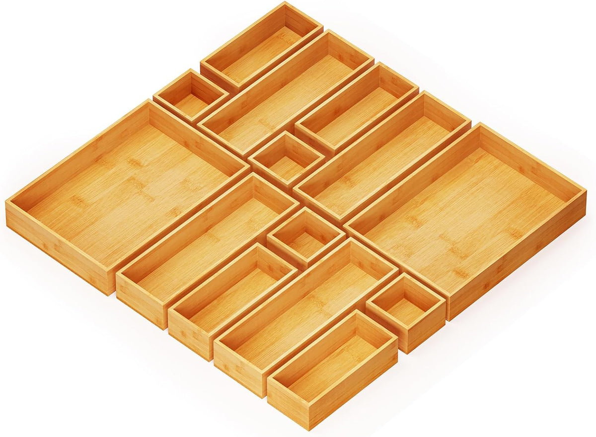 SpaceAid 14-Piece Bamboo Drawer Organizer Storage Boxes Set, Wood Tray Junk D...