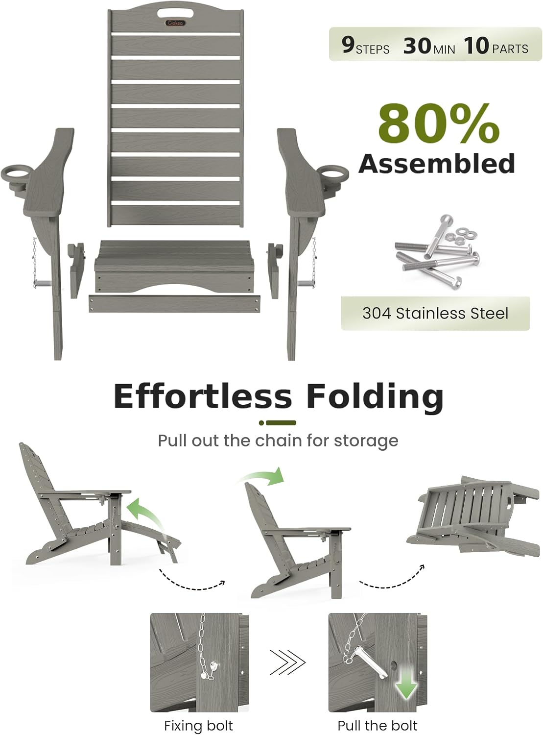 Ciokea HDPE Folding Adirondack Chair with Footrest,Grey,1