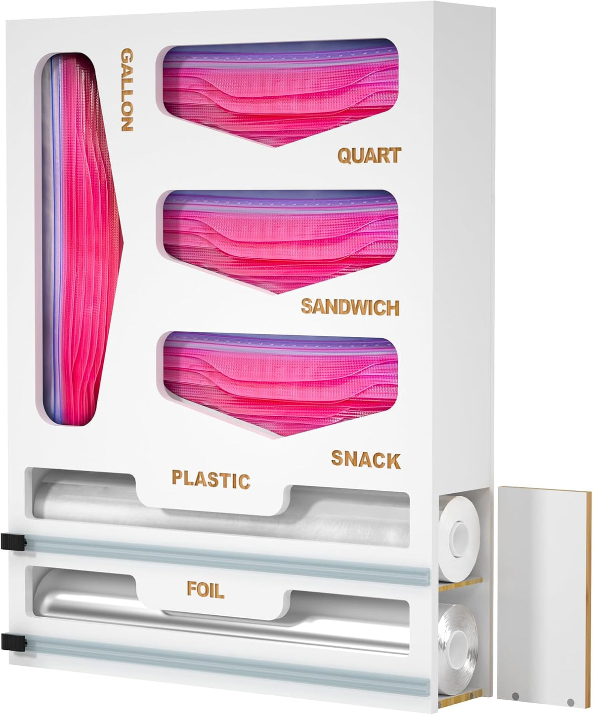 6 in 1 Bamboo Bag Organizer and Wrap Dispenser with Cutters, White