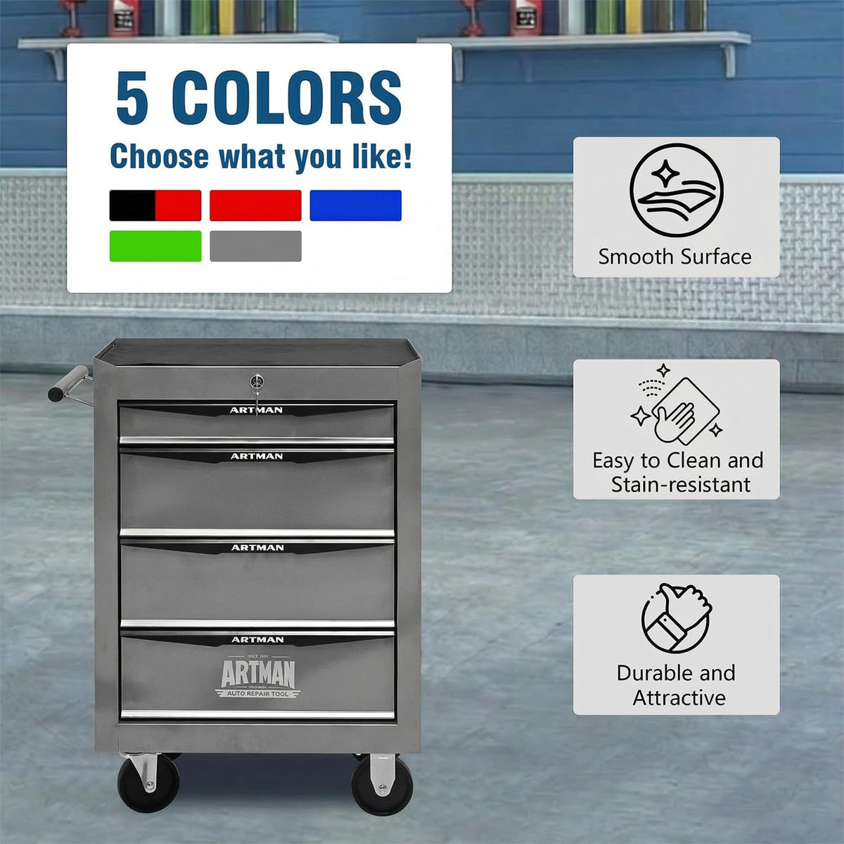 4-Drawer Rolling Tool Chest - Heavy Duty Tool Storage Cabinet with Lockable W...