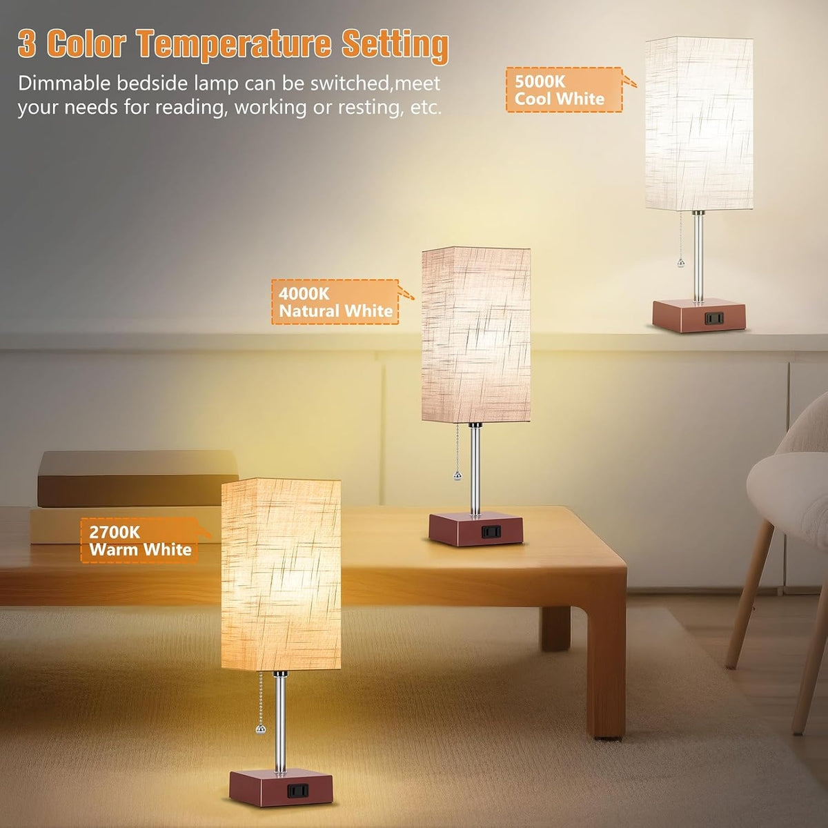 PLMMY Bedside Table Lamp for Bedroom Nightstand, 3 Color Pull Chain Nightstan...