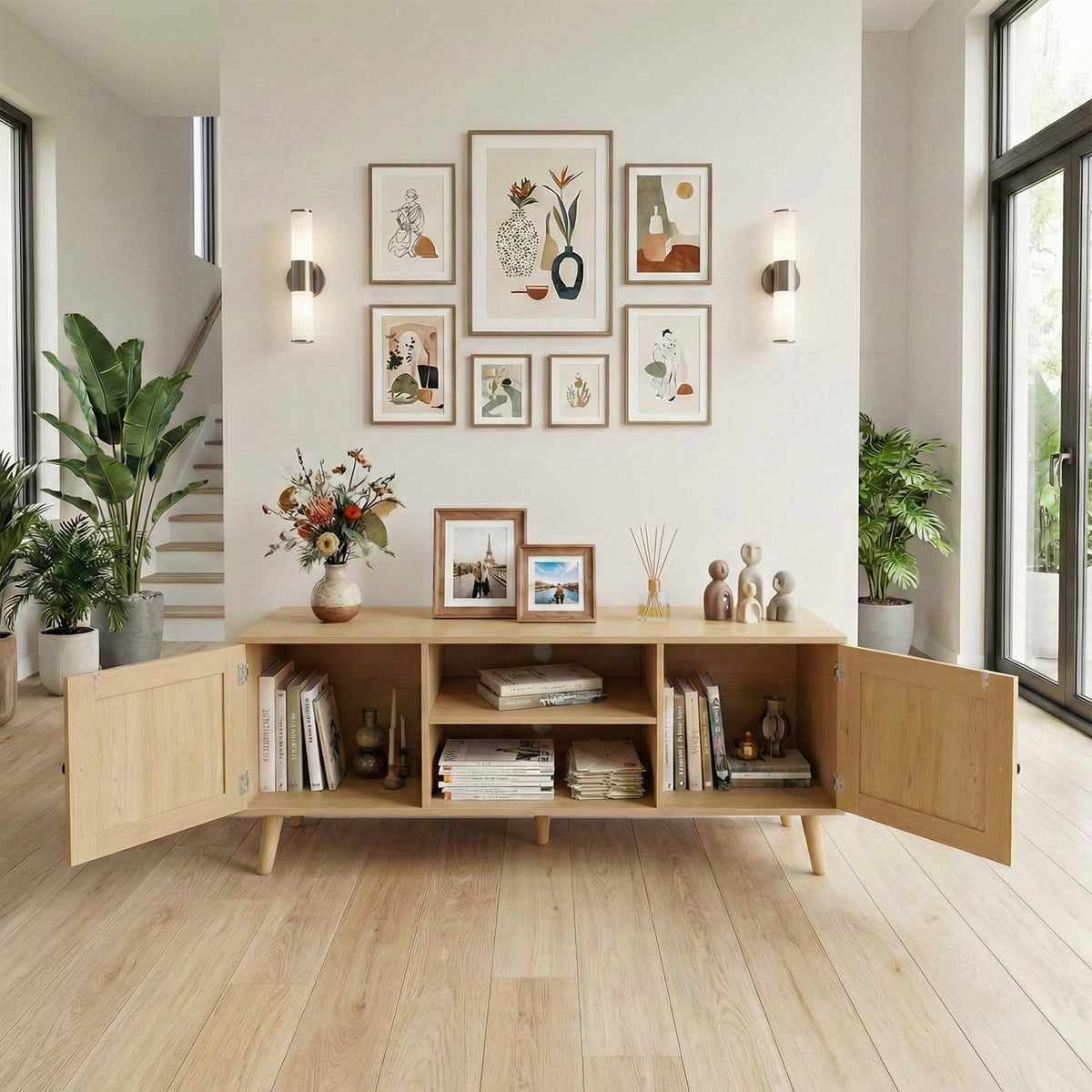 holzart Mid Century Modern Rattan TV Stand for 55/60 Inch TV - 53" Boho ...