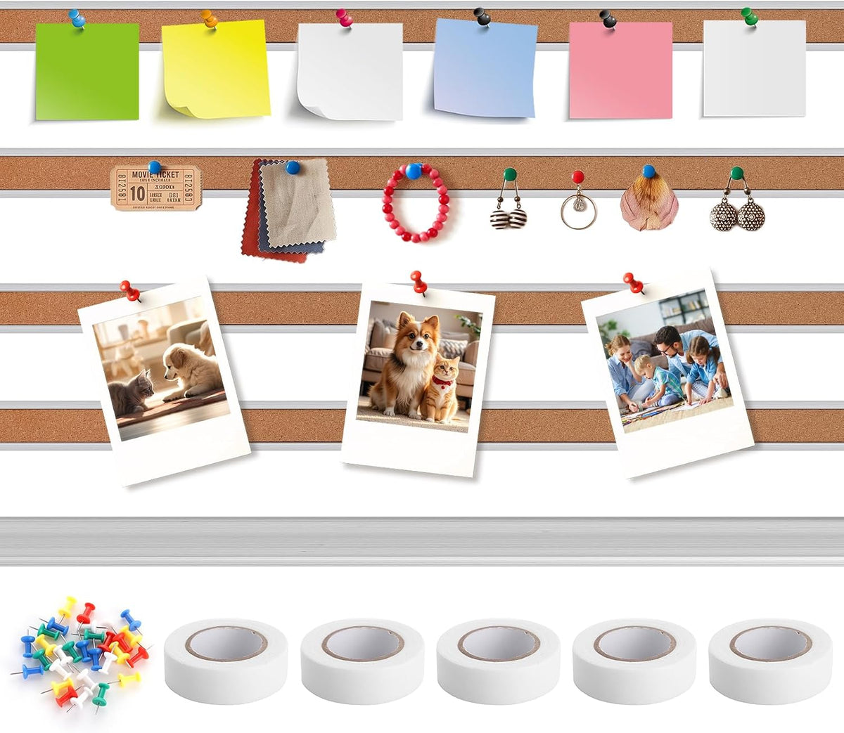 5 Pack Cork Board Strips for Wall - 47.2" x 1.1" Bulletin Bar Strip