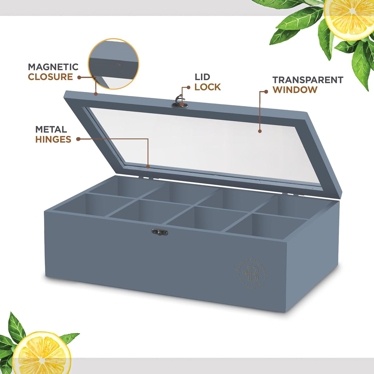 Tea Bag Organizer with Drawer - Gray Bamboo Tea Box Organizer, 8-Compartment ...