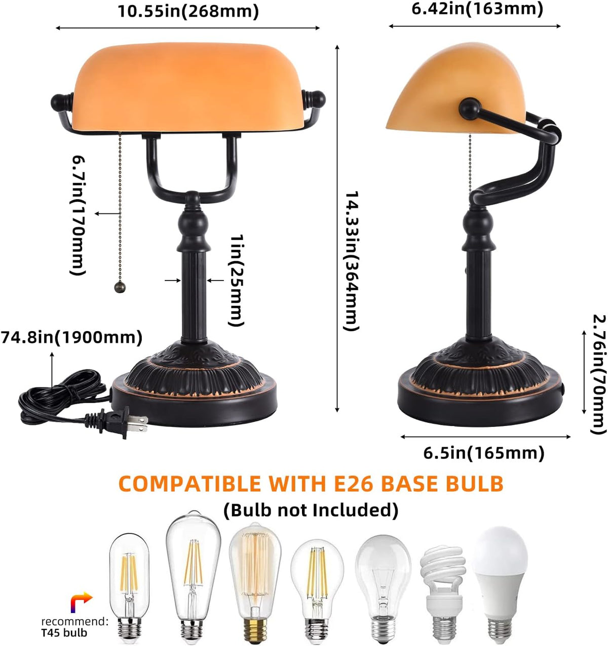 Bankers Desk Lamp with USB-A Port, Rustic Desk Lamp Pull Chain with Yellow Gl...