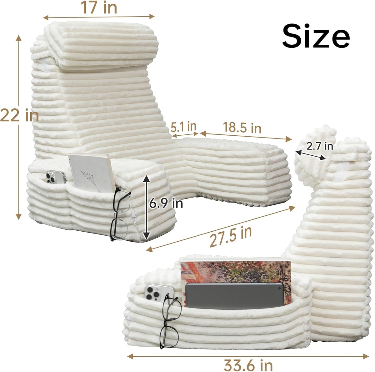 ENITYA 22" XL Back Pillow for Bed Sitting Up with Armrests & Big Poc...