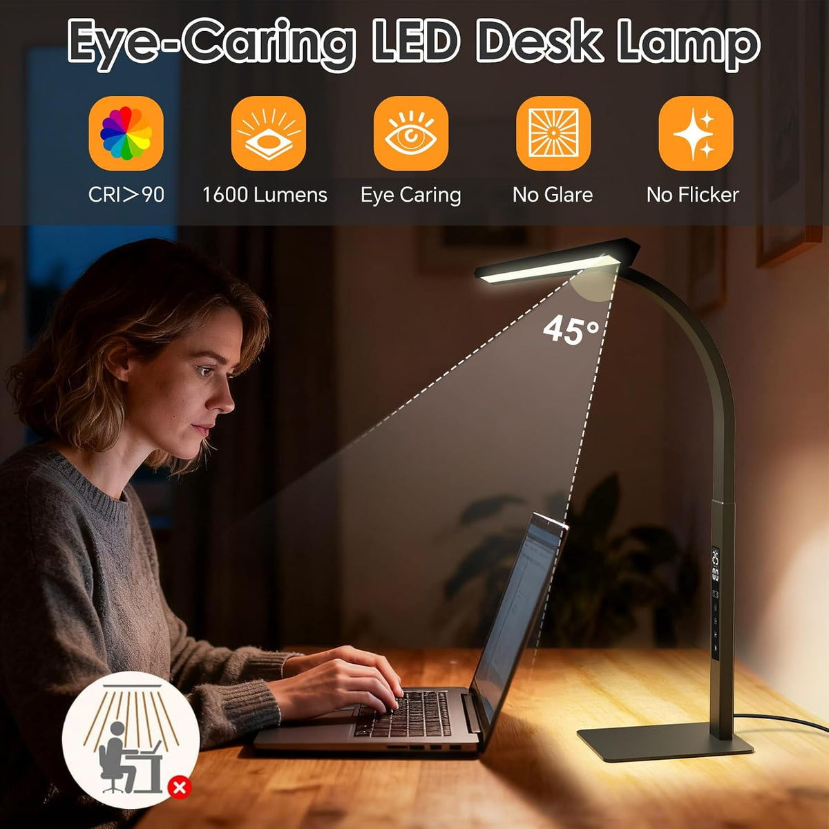 LED Desk Lamp for Office Home: Pomodoro Timer Table Light with Base 1600 Lume...
