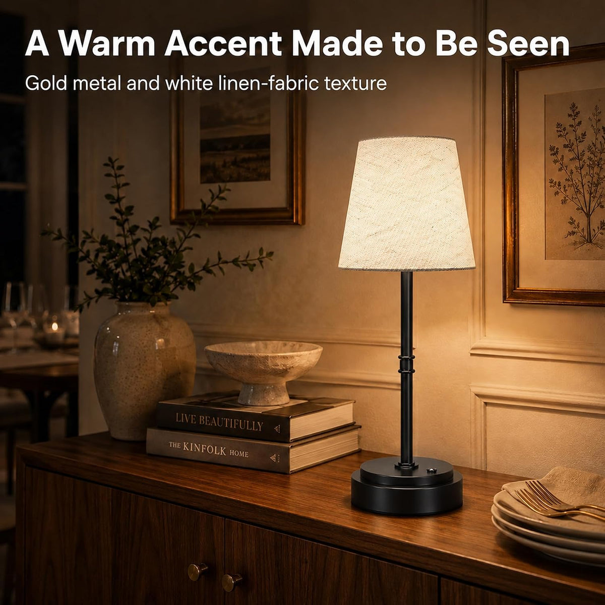Rechargeable Cordless Table Lamp, Battery Operated Bedside Lamp, Black
