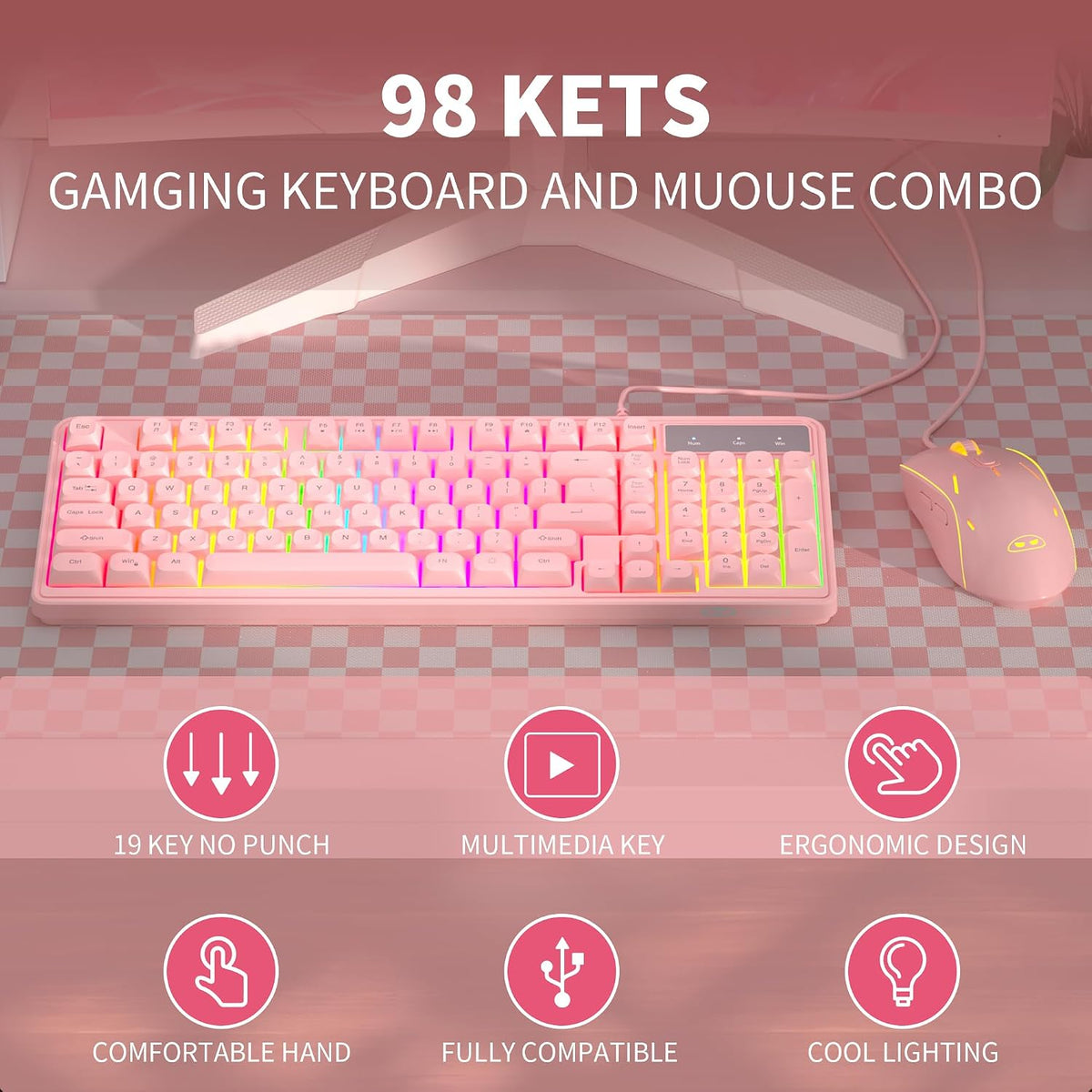 Pink Creamy Keyboard and Mouse Combo,MageGee GK980 Wired RGB Backlit Keyboard...