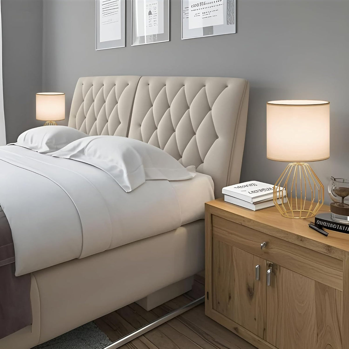 Small Gold Table Lamps, Set of 2 Bedside Nightstand Lamps with White Fabric S...