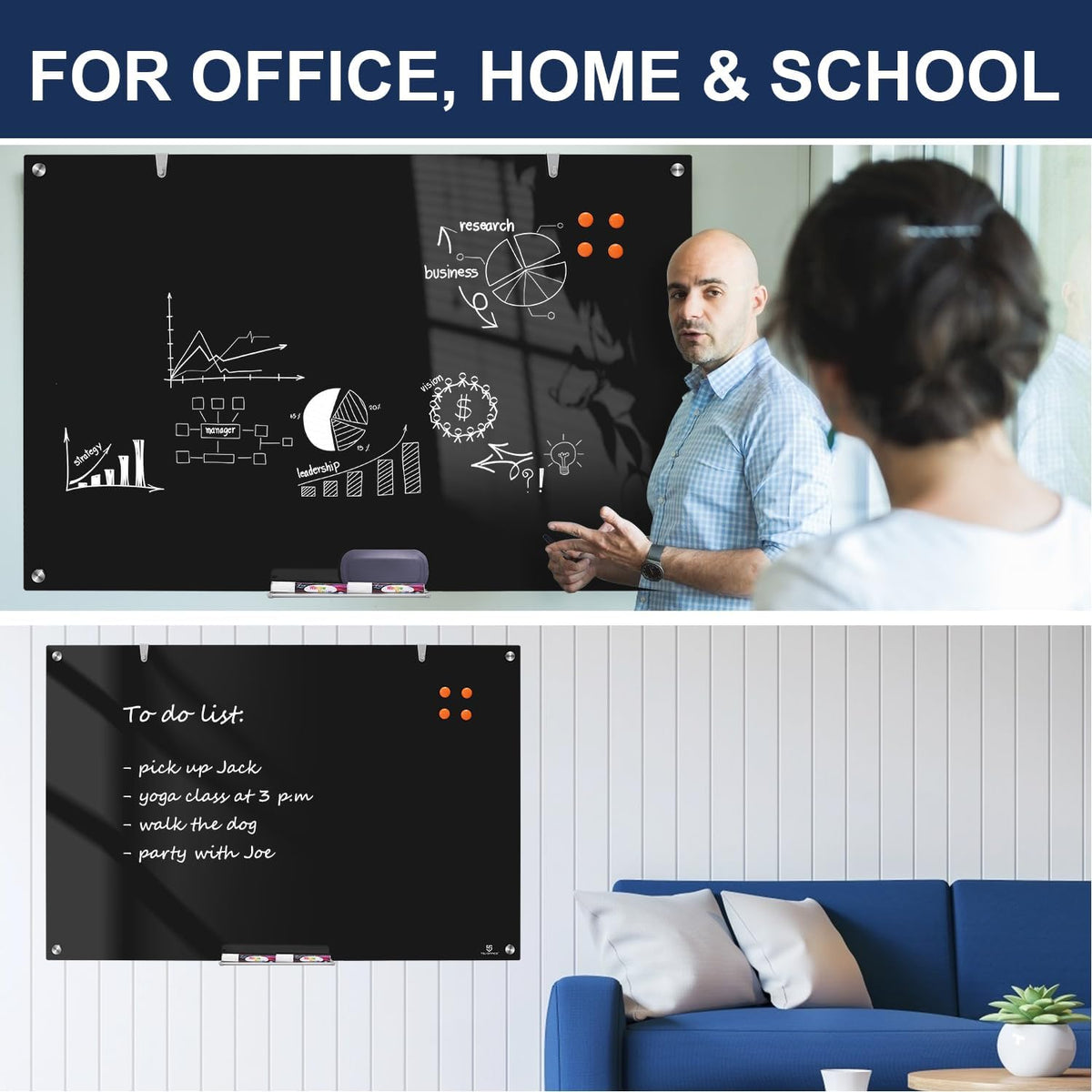 TSJ OFFICE White Board for Wall - 36" x 24" Black Glass Board 3 X 2 FT