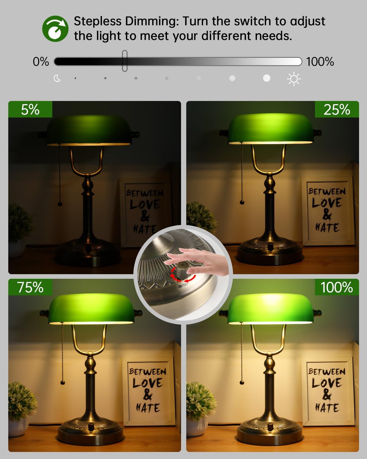 Green Stepless Dimmable Glass Bankers Desk Lamp