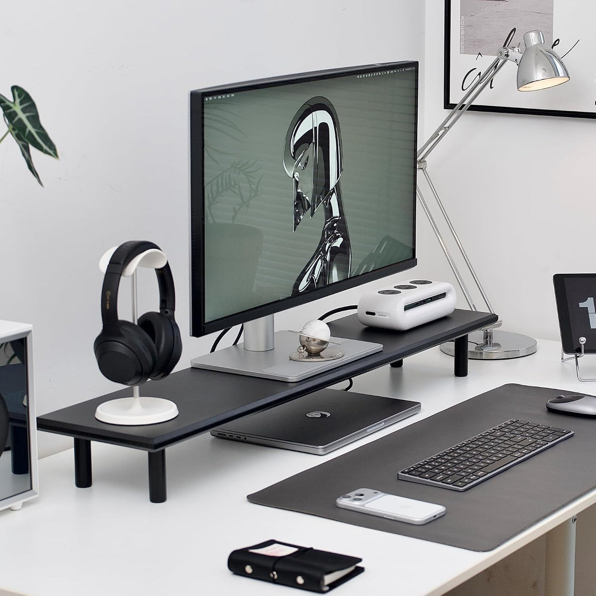 Bamboo Dual Monitor Stand Riser, Black Desk Shelf with Storage